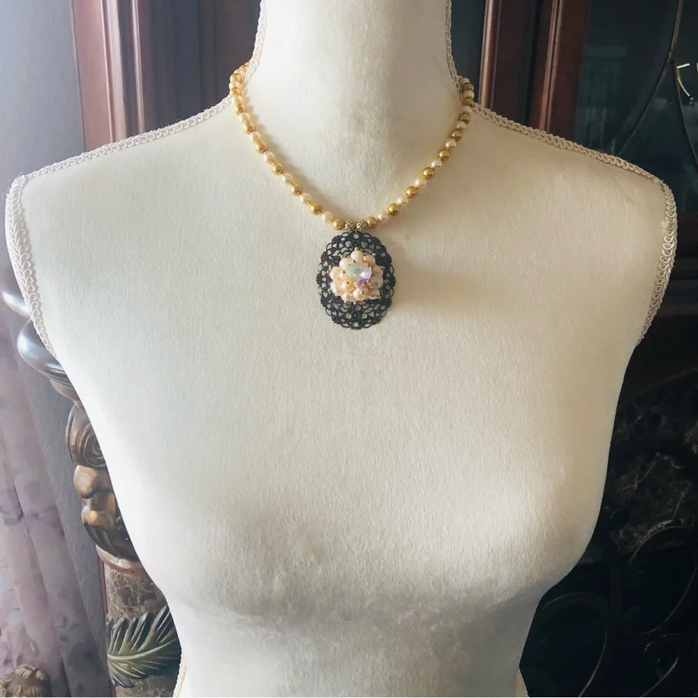 Handcrafted repurpose pearl cluster filigree pendant Czech glass Pearl necklace